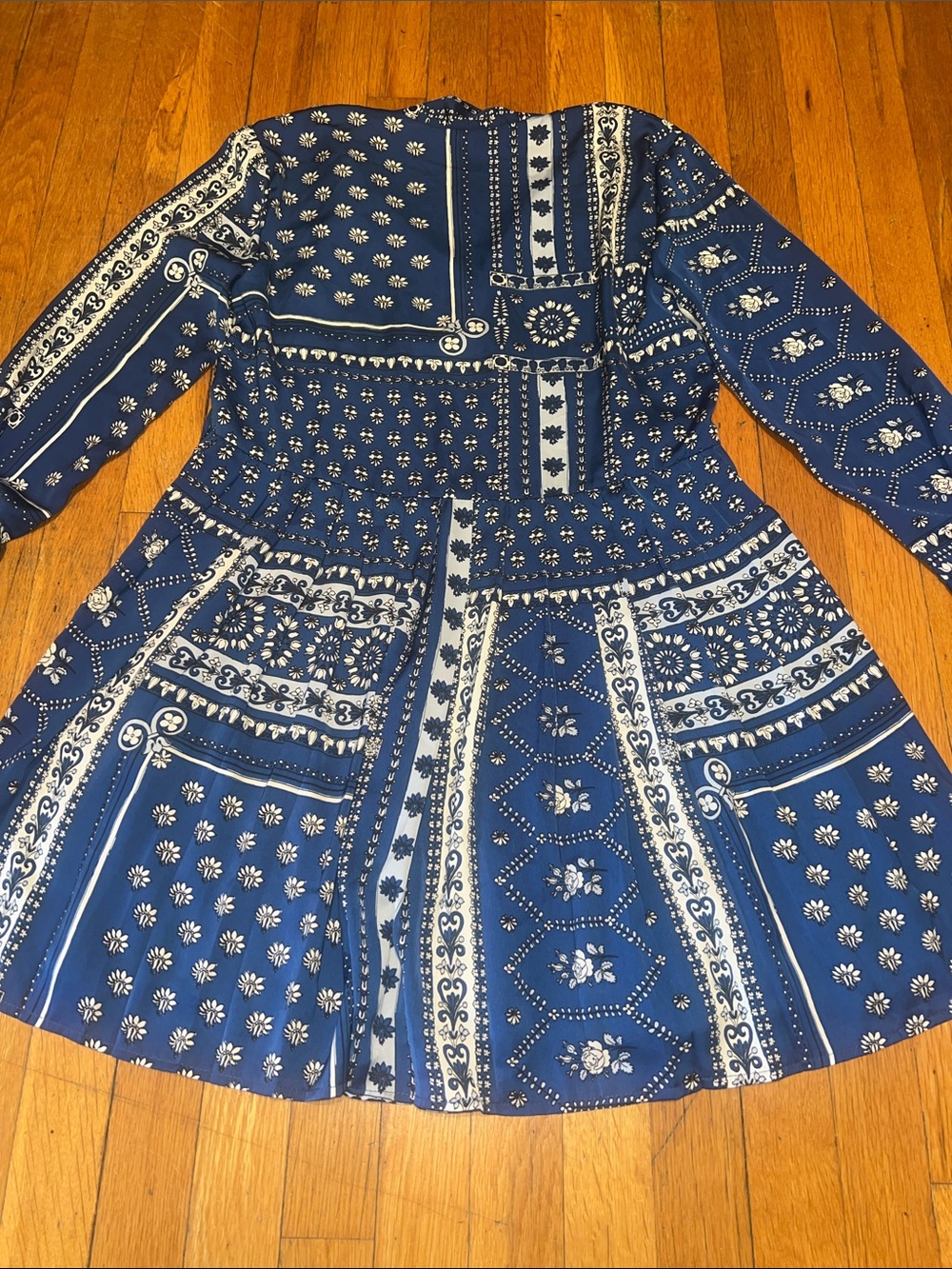 Zara Patchwork Pleated Long Sleeve Mini Dress in Bandana Blue, Women’s Small - Picture 14 of 16